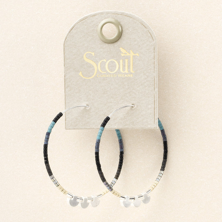 Scout Chromacolor Miyuki large beaded hoop earrings with multicolored pattern on display card