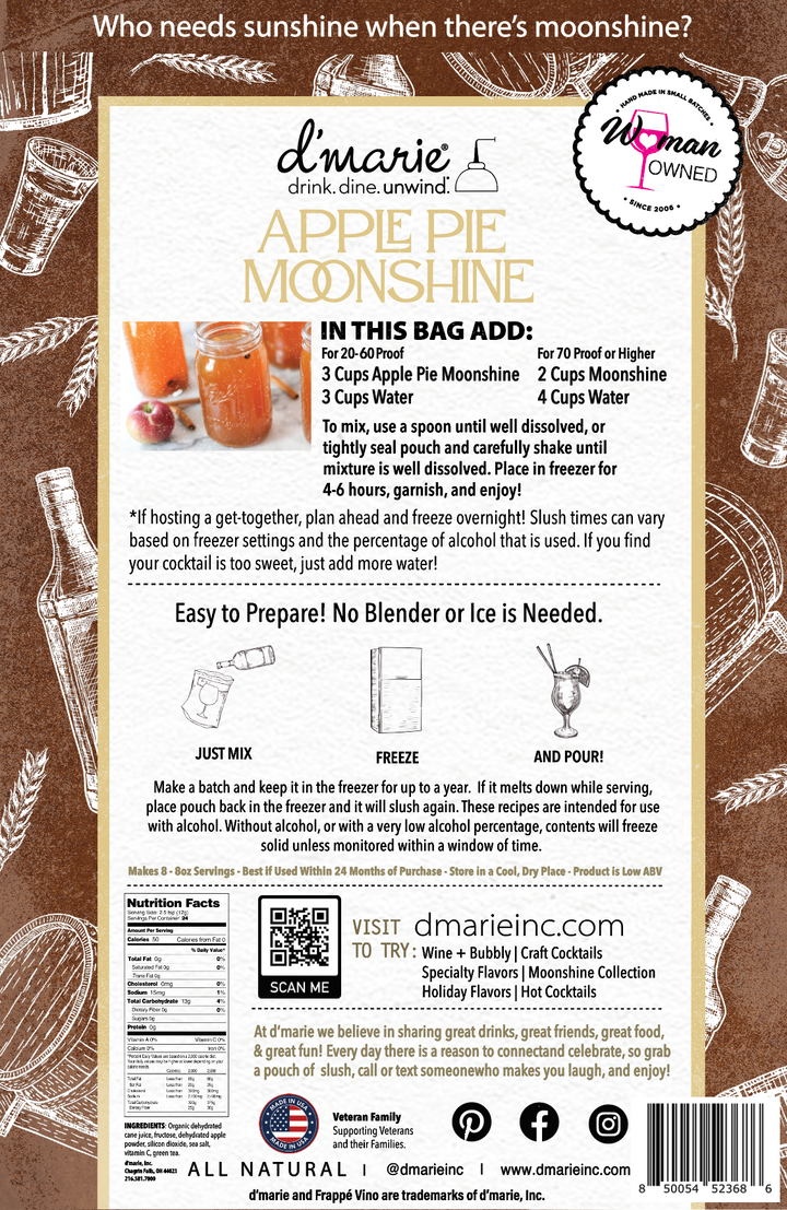 D'Marie Apple Pie Moonshine cocktail mix bag with preparation instructions and branding