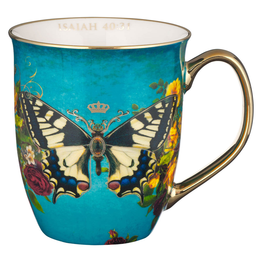 Teal ceramic mug with decorative butterfly design and gold rim by Christian Art Gifts