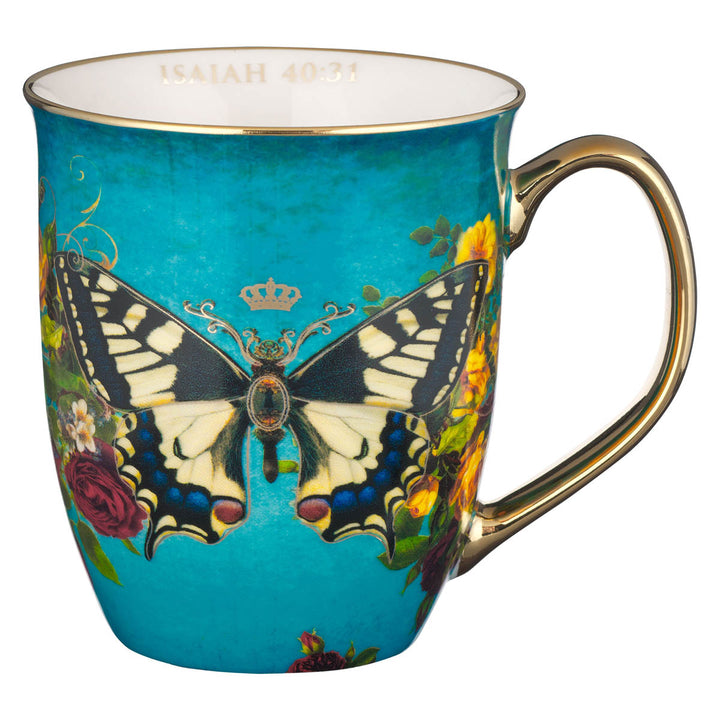 Teal ceramic mug with decorative butterfly design and gold rim by Christian Art Gifts