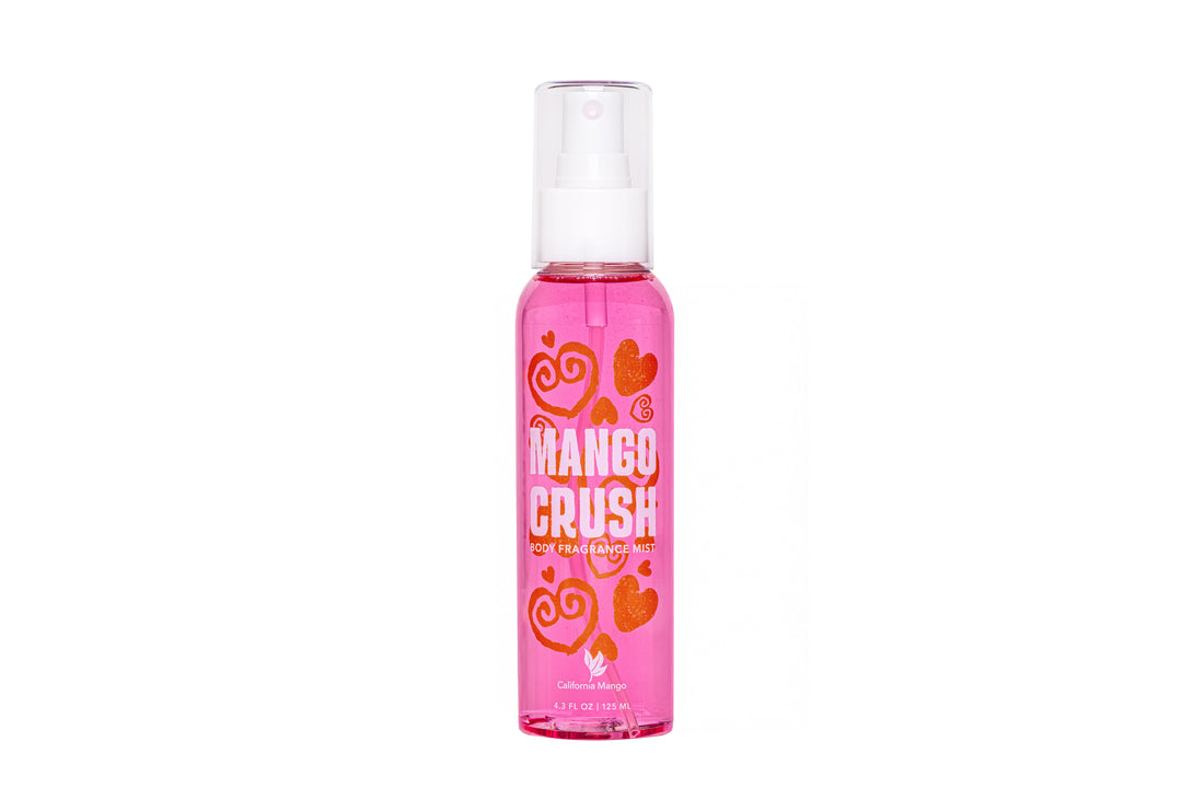 California Mango Crush Body Fragrance Mist 4.3 oz pink spray bottle with heart designs