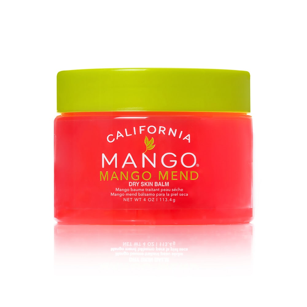 California Mango Mend Dry Skin Balm 4oz in red jar with lime green lid