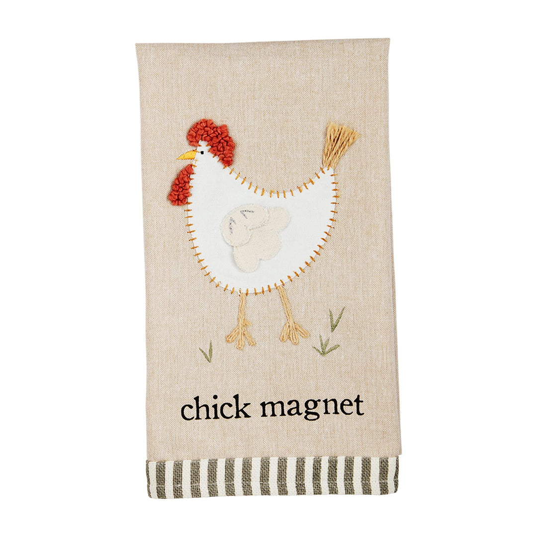 Mud Pie needlepoint towel with embroidered white chicken design and red comb