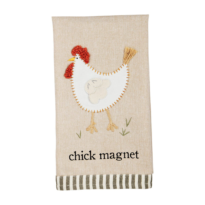 Mud Pie needlepoint towel with embroidered white chicken design and red comb