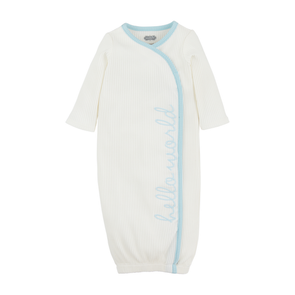 White ribbed baby gown with blue trim and side snap closure by Mud Pie