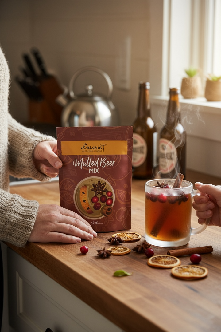 D'Marie Mulled Beer Mix package held in cozy kitchen setting with prepared drink