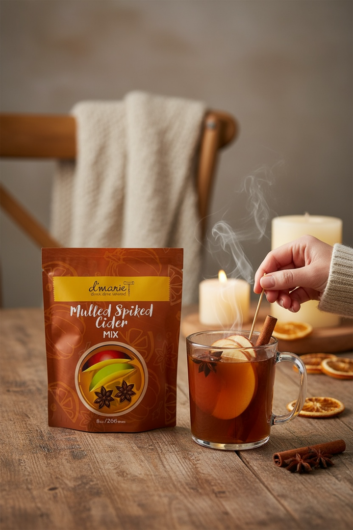 D'Marie Mulled Spiced Cider Mix 8oz package with prepared hot cider drink and cinnamon stick