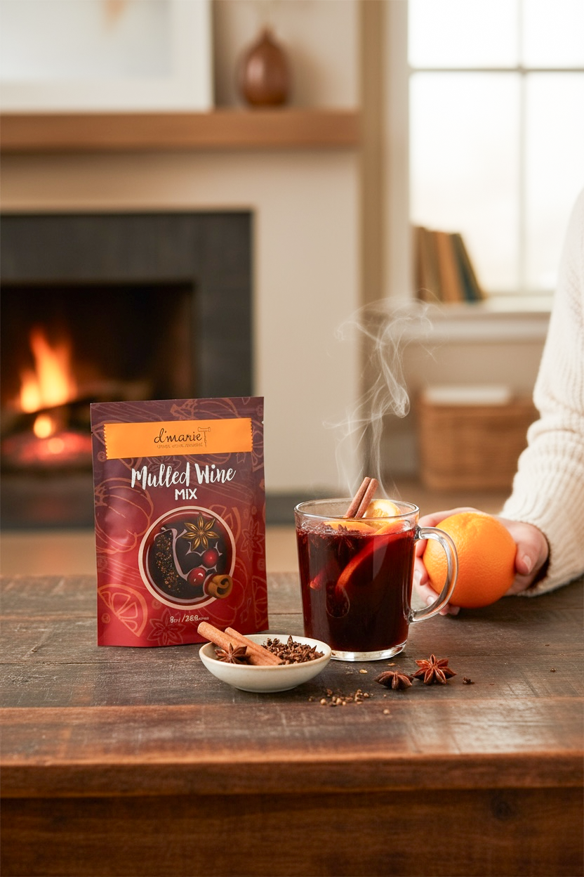 D'Marie Mulled Wine Mix package with steaming mug and spices by cozy fireplace