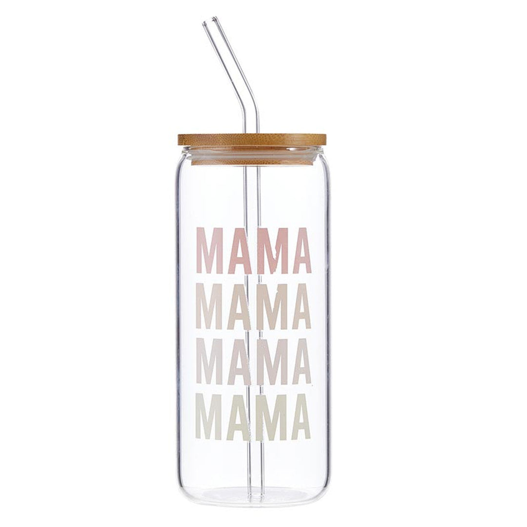 Clear glass cold brew tumbler with bamboo lid, stainless steel straws, and pink MAMA text