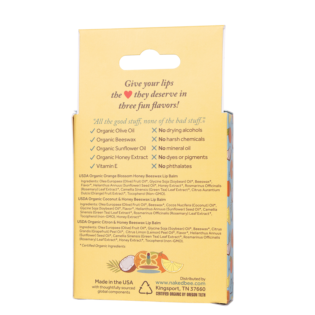 Naked Bee organic lip balm 3-pack in yellow packaging showing ingredients and product details