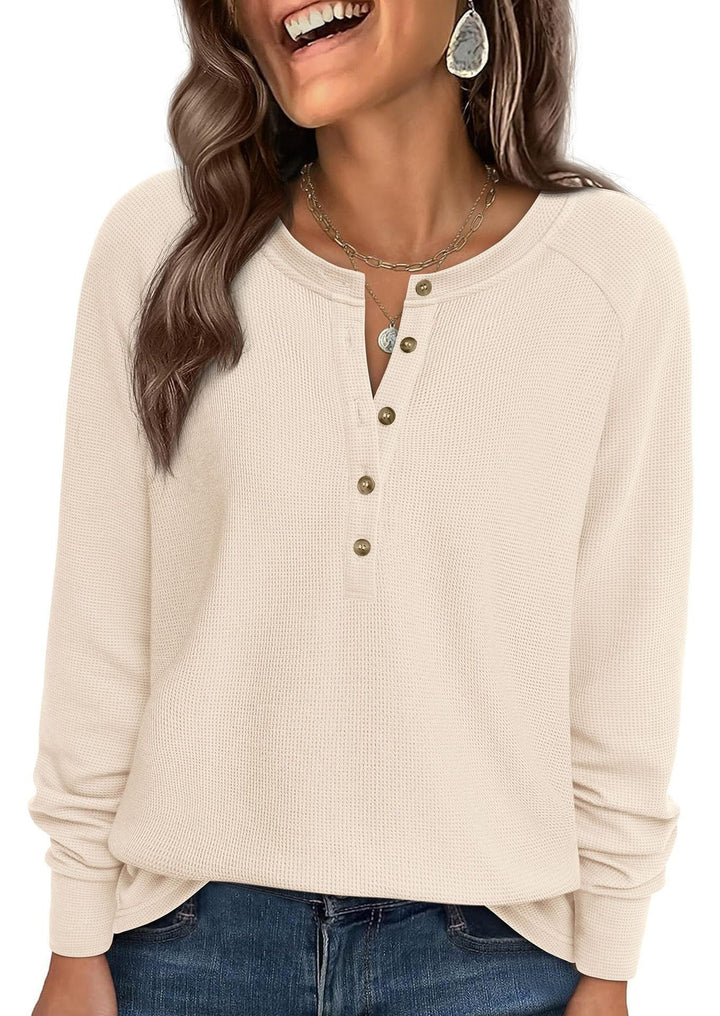 Women's waffle knit henley long sleeve top in apricot cream with button placket