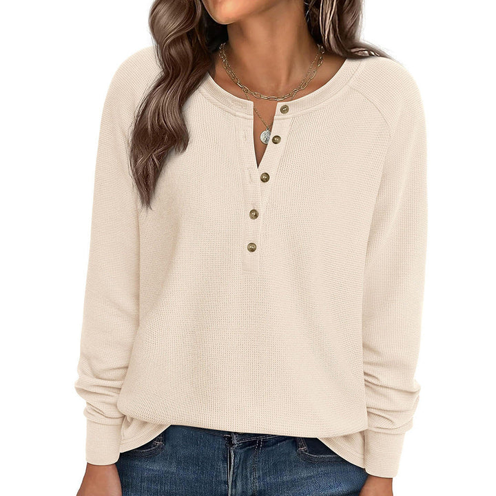 Women's waffle knit henley long sleeve top in apricot cream with button placket