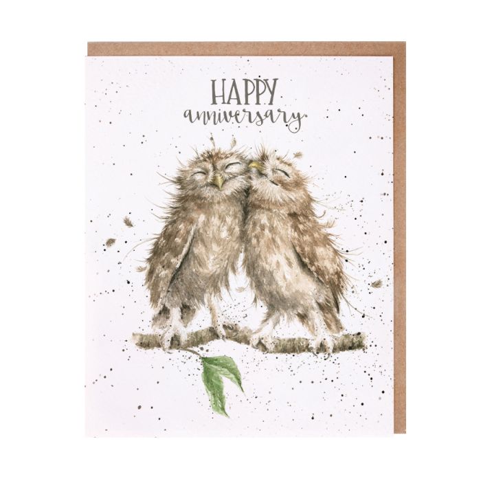 Wrendale Designs Happy Anniversary card featuring two cuddling watercolor owls on a branch