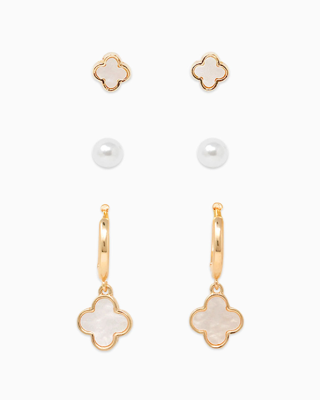 Sessori Mother of Pearl clover earring set with studs, pearl studs, and hoop dangles in gold