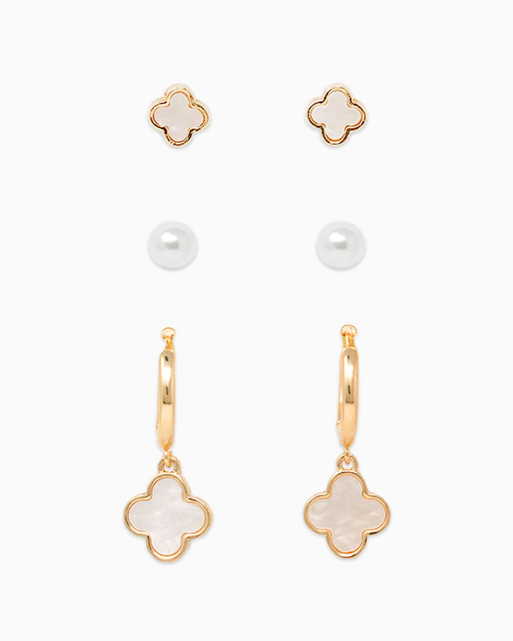 Sessori Mother of Pearl clover earring set with studs, pearl studs, and hoop dangles in gold