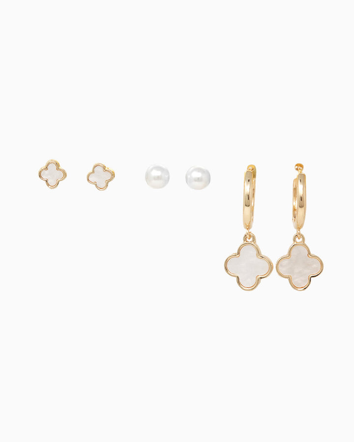 Sessori Mother of Pearl Clover earring set with studs, pearl studs, and hoop dangles in white and gold