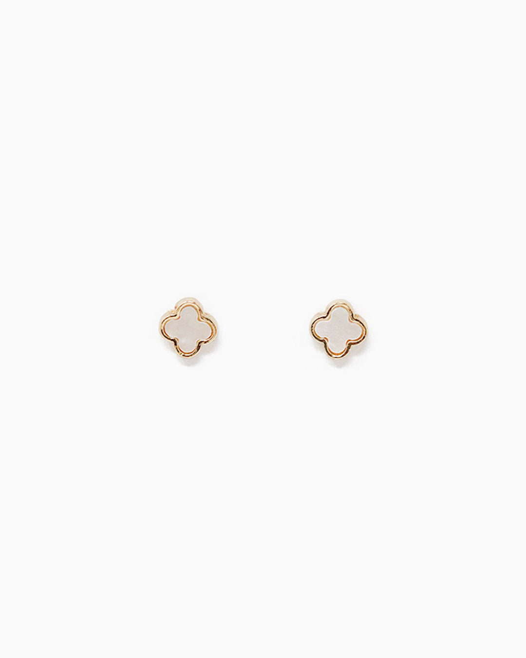 Sessori Mother of Pearl clover stud earrings in white with gold border, pair shown