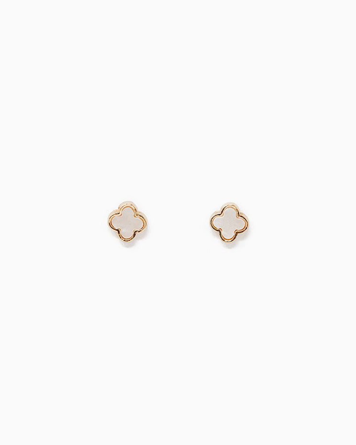 Sessori Mother of Pearl clover stud earrings in white with gold border, pair shown
