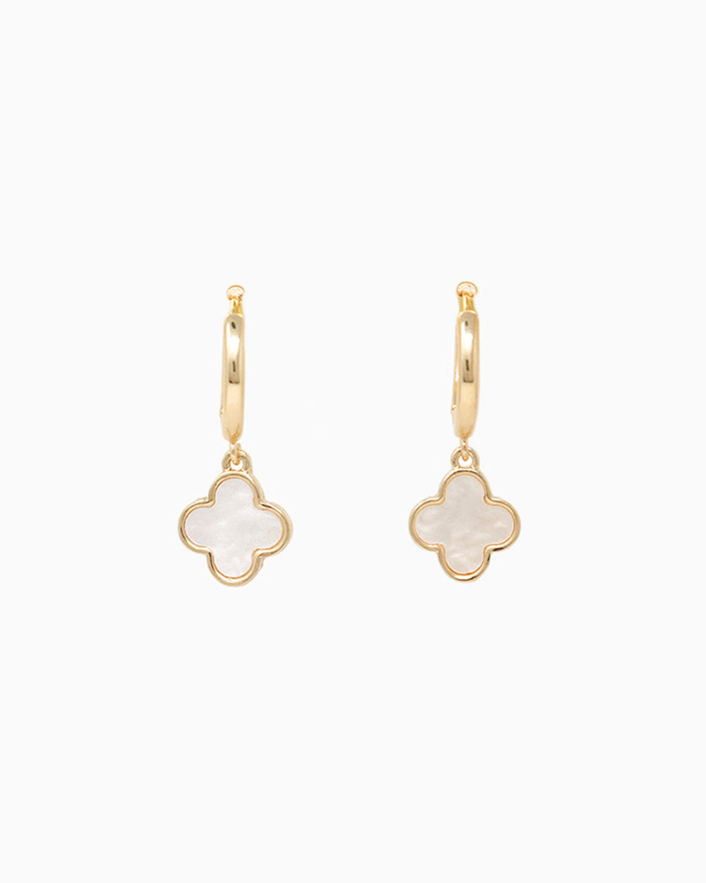 Gold hoop earrings with white mother of pearl four-leaf clover charm pendants