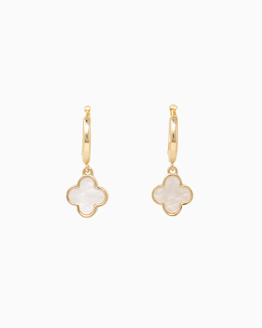 Gold hoop earrings with white mother of pearl four-leaf clover charm pendants