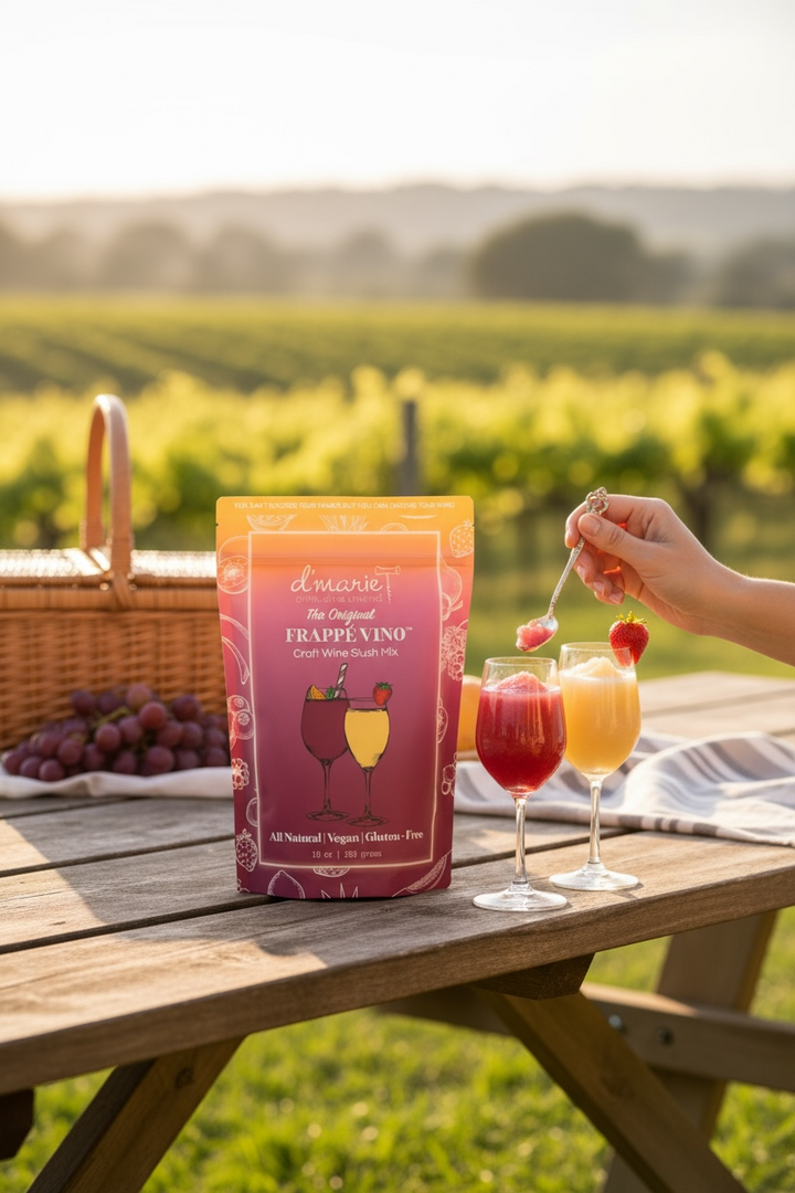 D'Marie Frappe Vino craft wine slush mix package with prepared drinks in vineyard setting