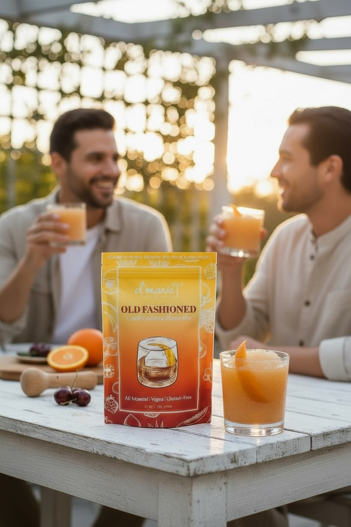 D'Marie Old Fashioned cocktail mix bag with orange gradient design and prepared drink