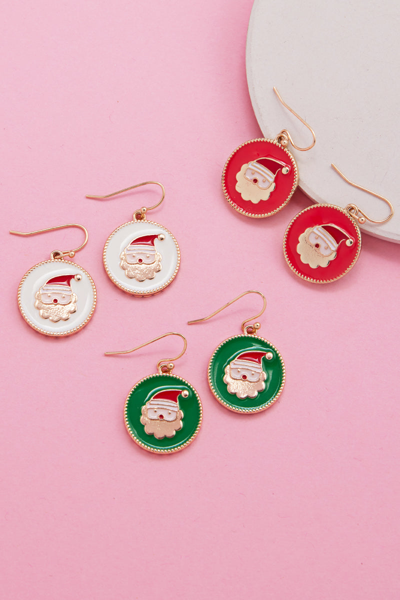 Christmas Santa Claus enamel hook earrings in white, red, and green circular disc designs