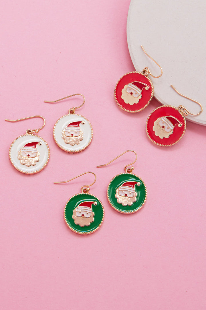 Christmas Santa Claus enamel hook earrings in white, red, and green circular disc designs