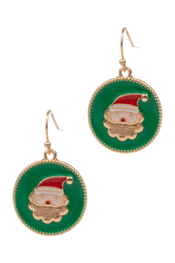 Christmas Santa face enamel drop earrings on gold hook with green circular disc