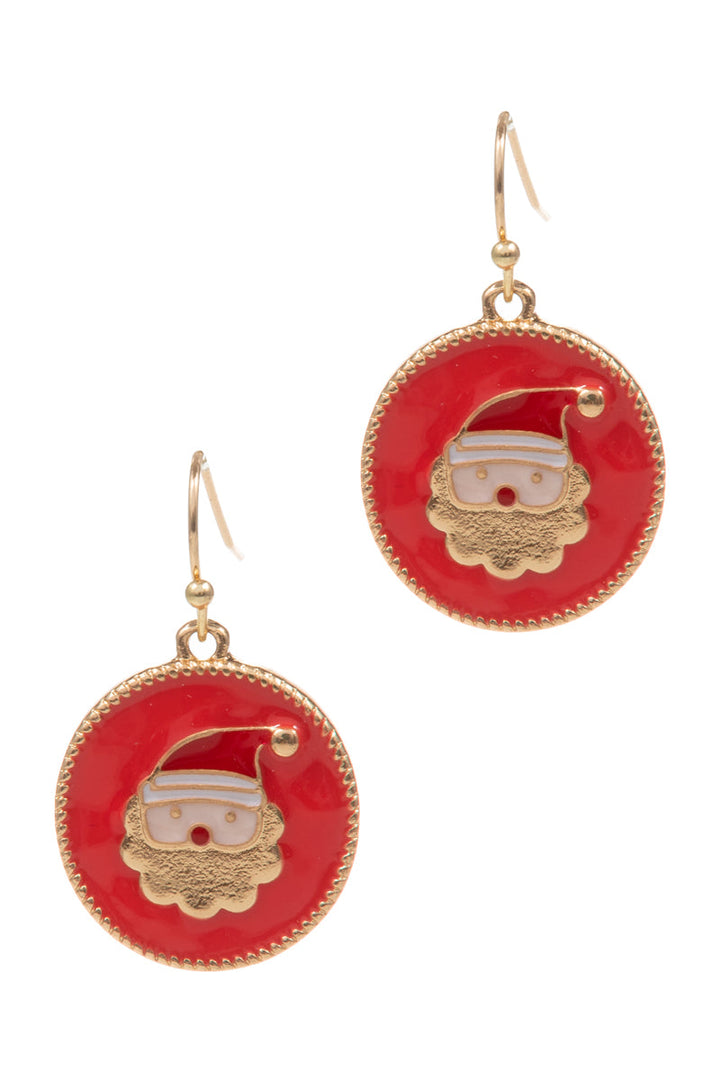Christmas Santa Claus enamel hook earrings featuring red and gold circular disc pendants