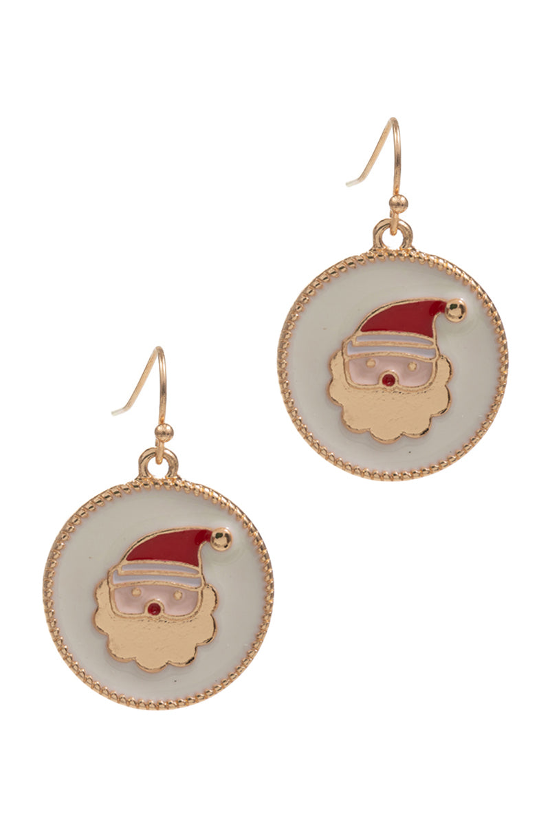 Gold-tone hook earrings featuring Santa Claus face on white enamel circular disc