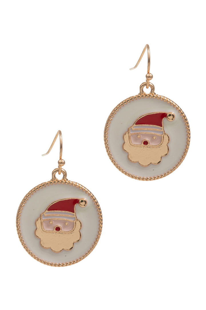 Gold-tone hook earrings featuring Santa Claus face on white enamel circular disc