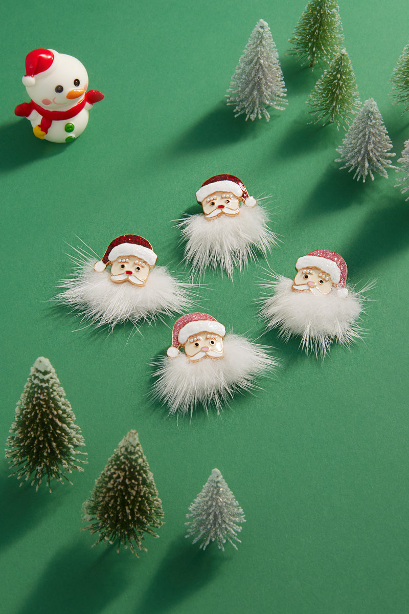 Christmas Santa Claus post earrings with fluffy white beard and red glitter hat displayed on green background