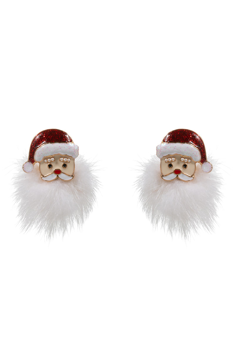 Christmas Santa Claus post earrings with red glitter hat and white faux fur beard
