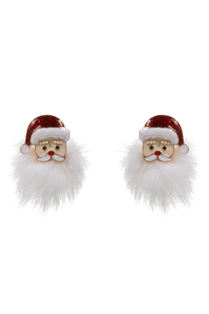 Christmas Santa Claus post earrings with red glitter hat and white faux fur beard