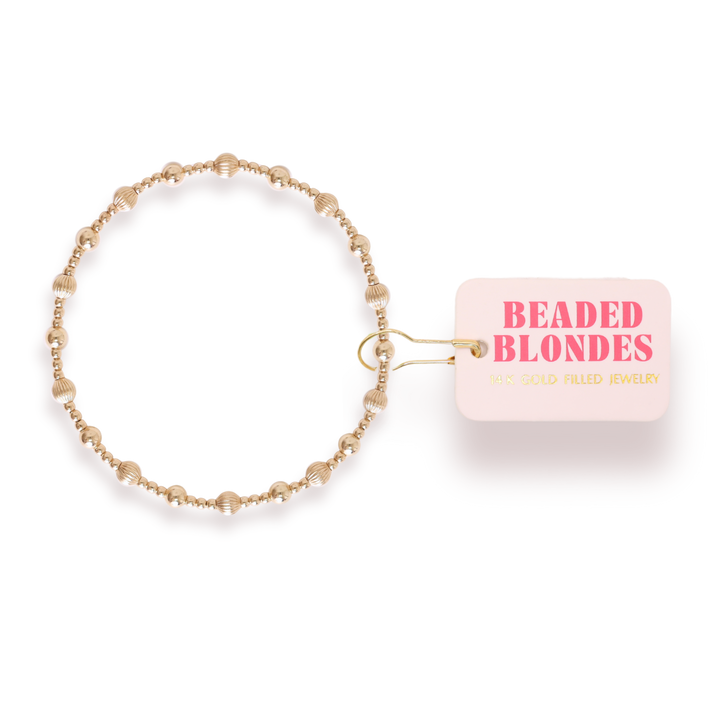 Beaded Blondes Palmer Fluted Bracelet in gold-filled beads with branded tag