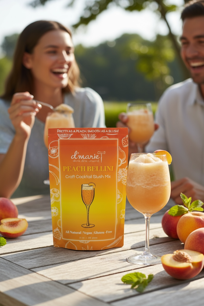 D'Marie Peach Bellini Craft Cocktail Slush Mix package with prepared drink and fresh peaches