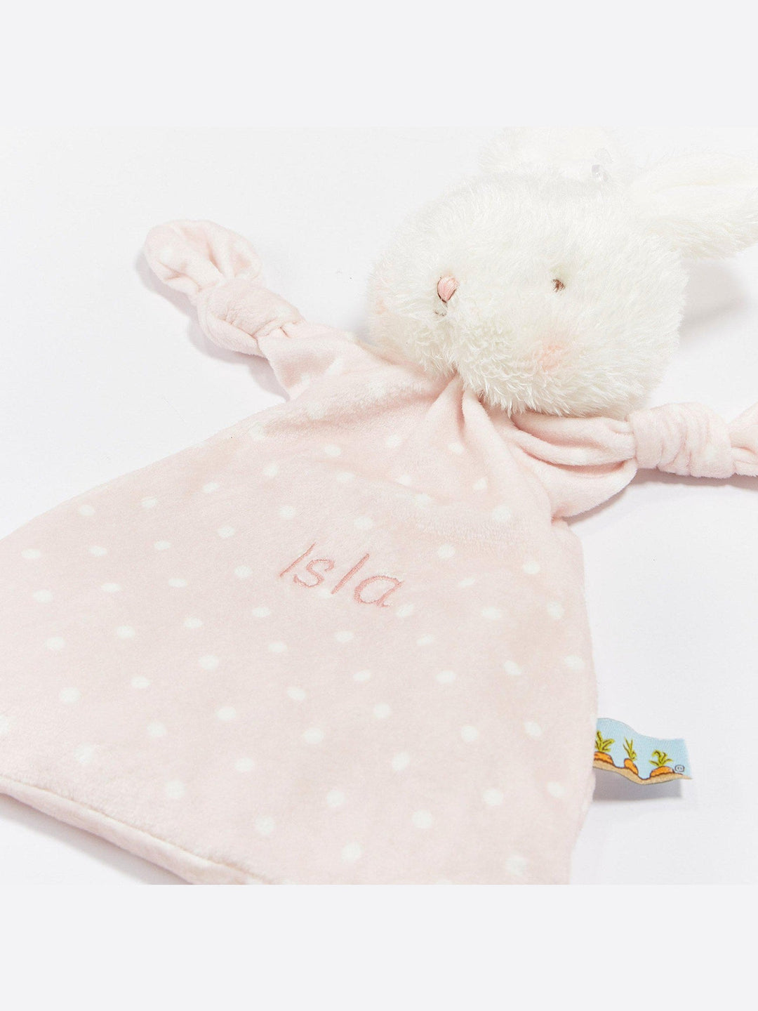 Bunnies by the Bay Knotty Friends pink bunny lovey with embroidered name Isla