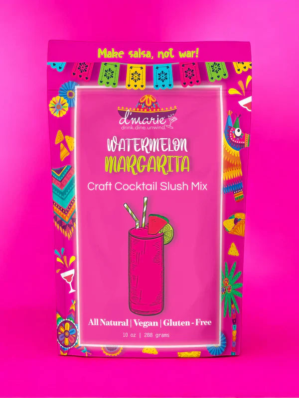 D'Marie Watermelon Margarita Craft Cocktail Slush Mix in vibrant pink packaging with festive decorations