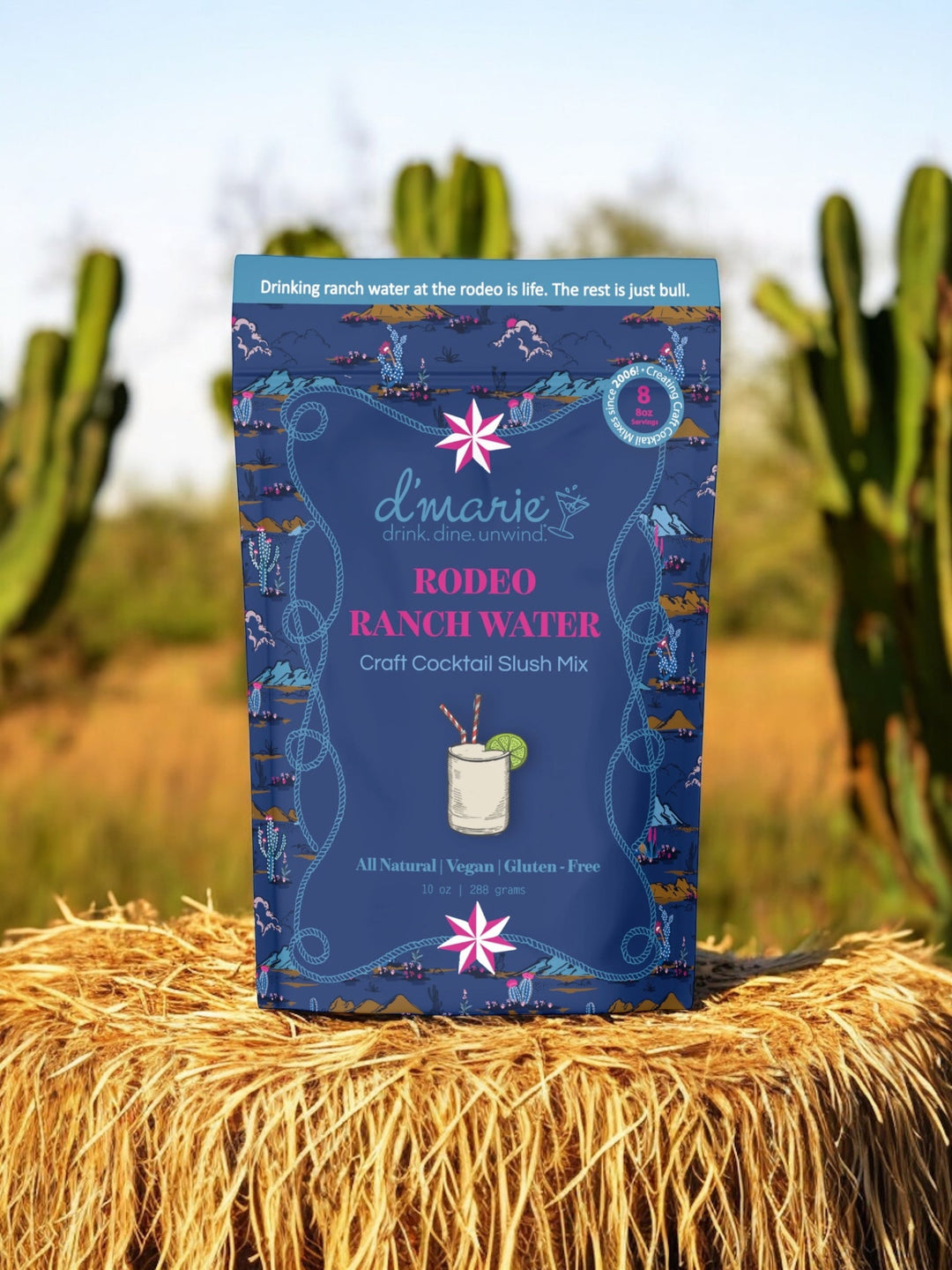 D'Marie Rodeo Ranch Water craft cocktail slush mix package with western themed blue design