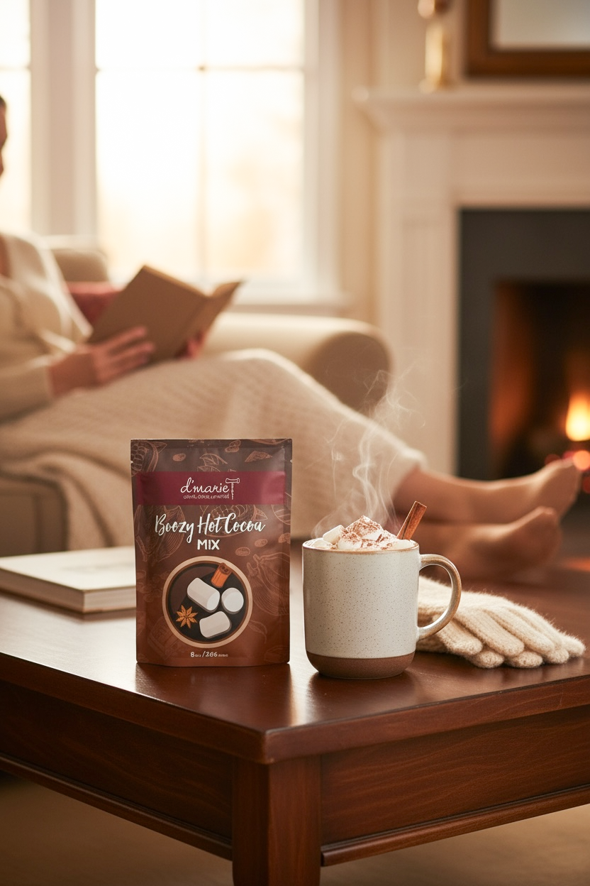 D'Marie Boozy Hot Cocoa Mix package next to steaming mug by fireplace