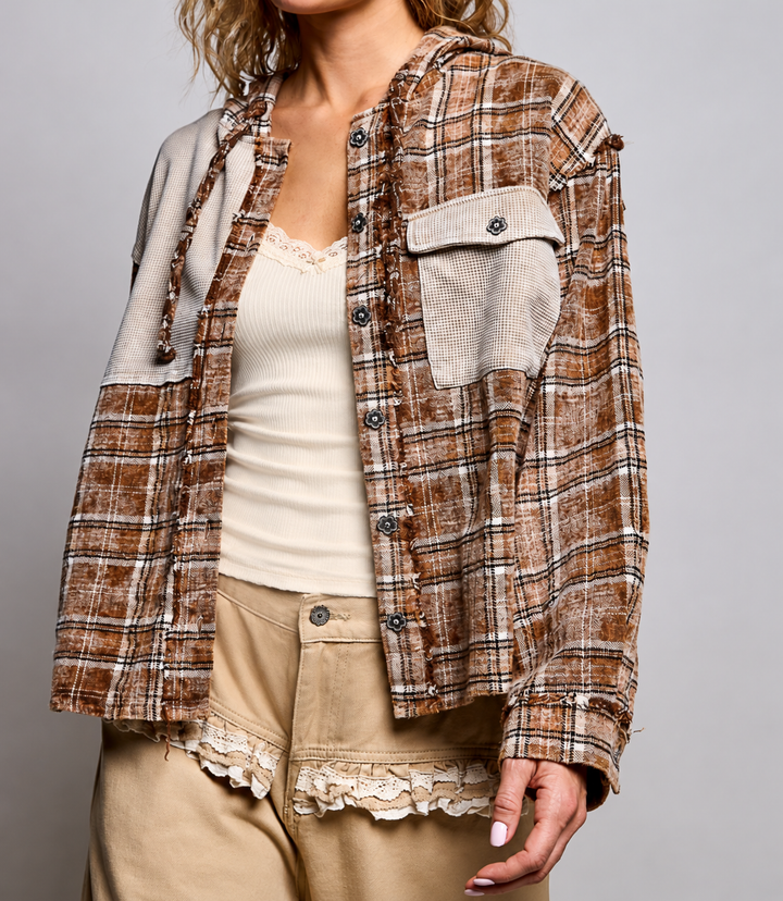 Plaid Woven Hoodie Shirt in Tan Multi