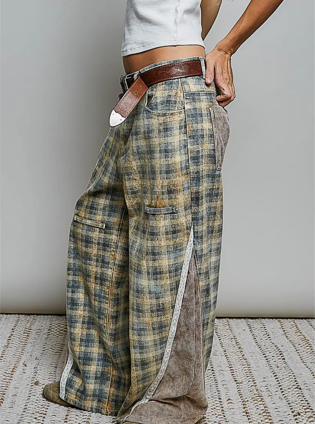 Distressed Plaid Wide Leg Pants