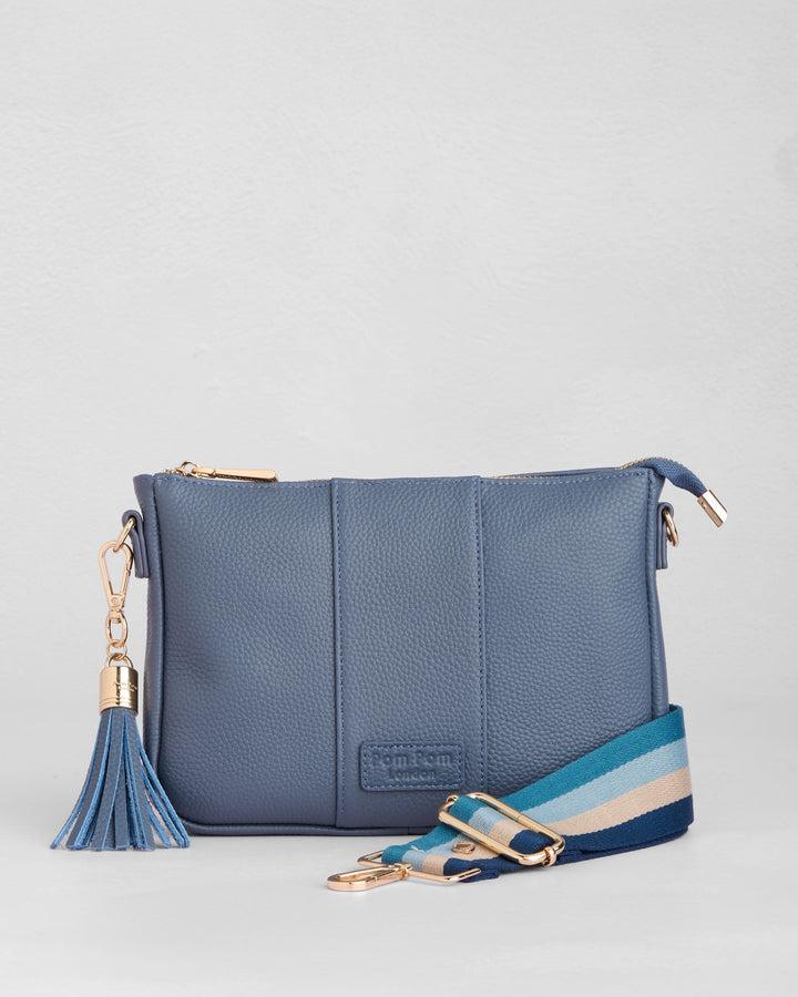 Pom Pom London City Slim Bag in slate blue leather with tassel and striped strap