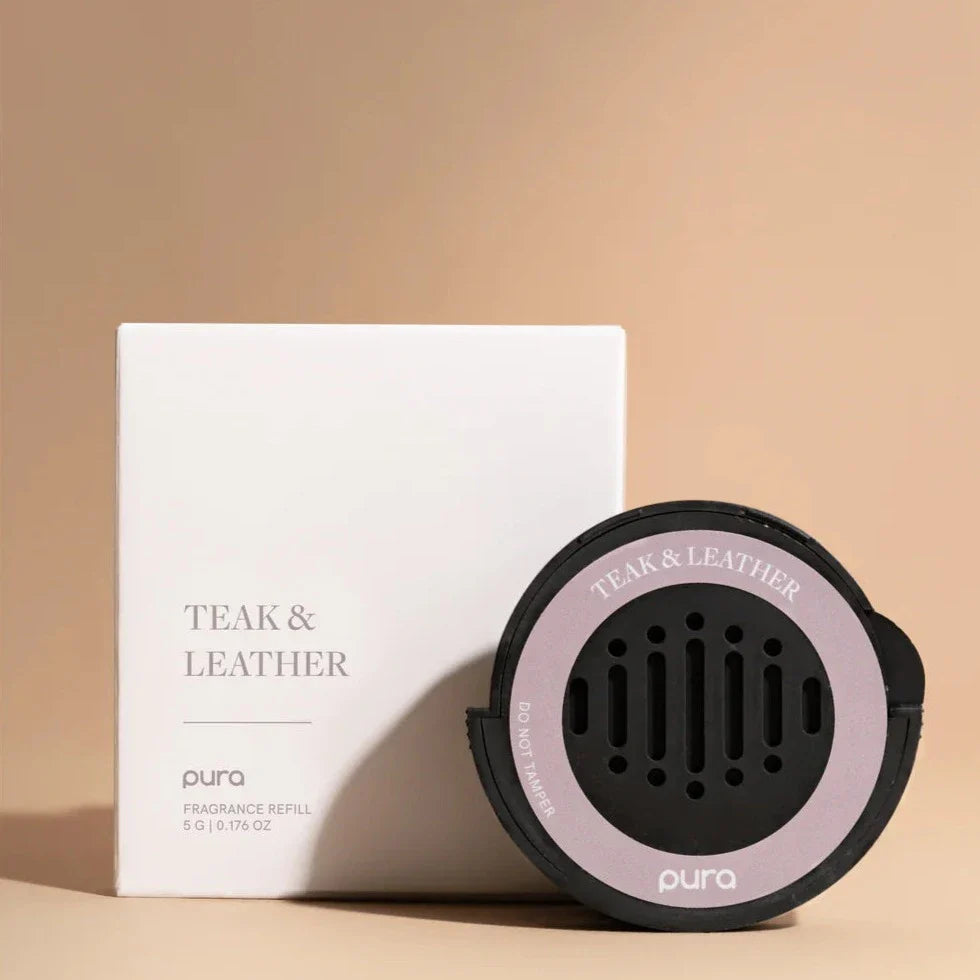 Pura Teak & Leather car fragrance refill with black diffuser and pink accent ring