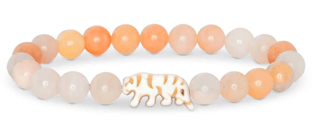 Fahlo Tiger Collection bracelet with peach and orange stone beads and white tiger charm