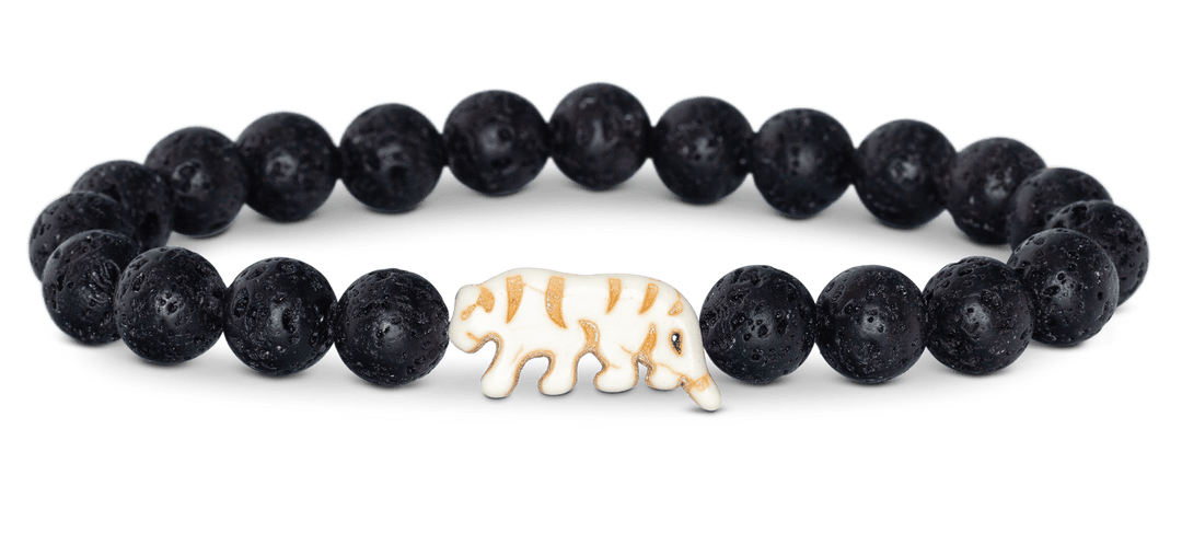 Fahlo Tiger Collection bracelet with black lava stone beads and white tiger charm