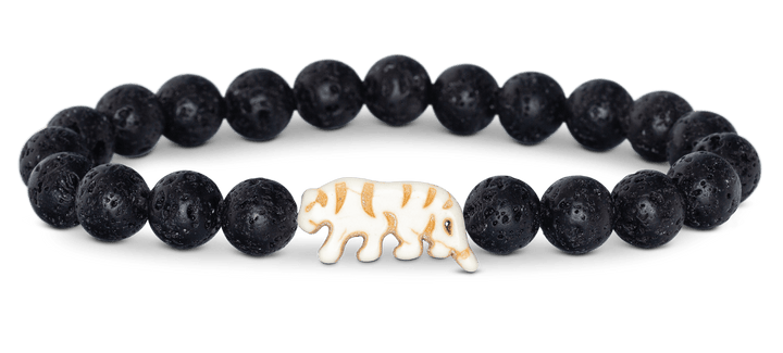 Fahlo Tiger Collection bracelet with black lava stone beads and white tiger charm