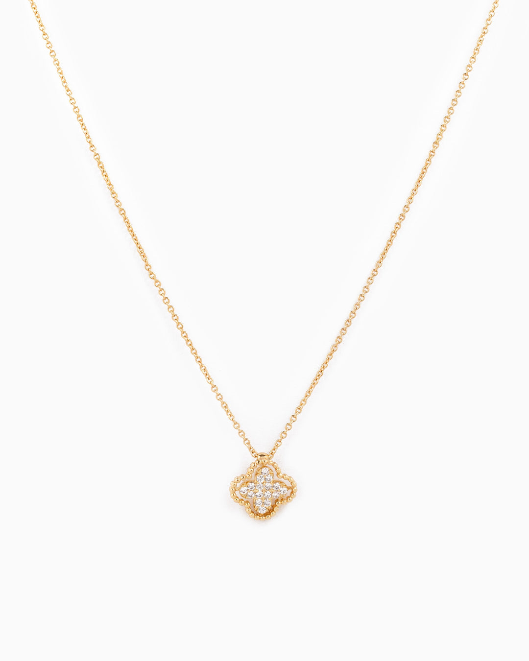 Sessori gold chain necklace with open frame CZ pavé four-leaf clover pendant