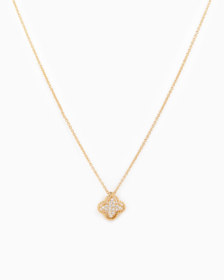 Sessori gold chain necklace with open frame CZ pavé four-leaf clover pendant